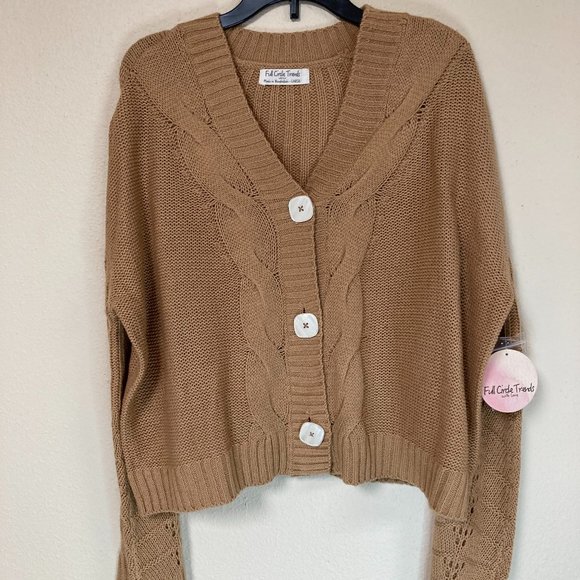 Full Circle Trends Sweater Set Size L or M Tan Acrylic 2 Piece Crop Button Front - Picture 1 of 9